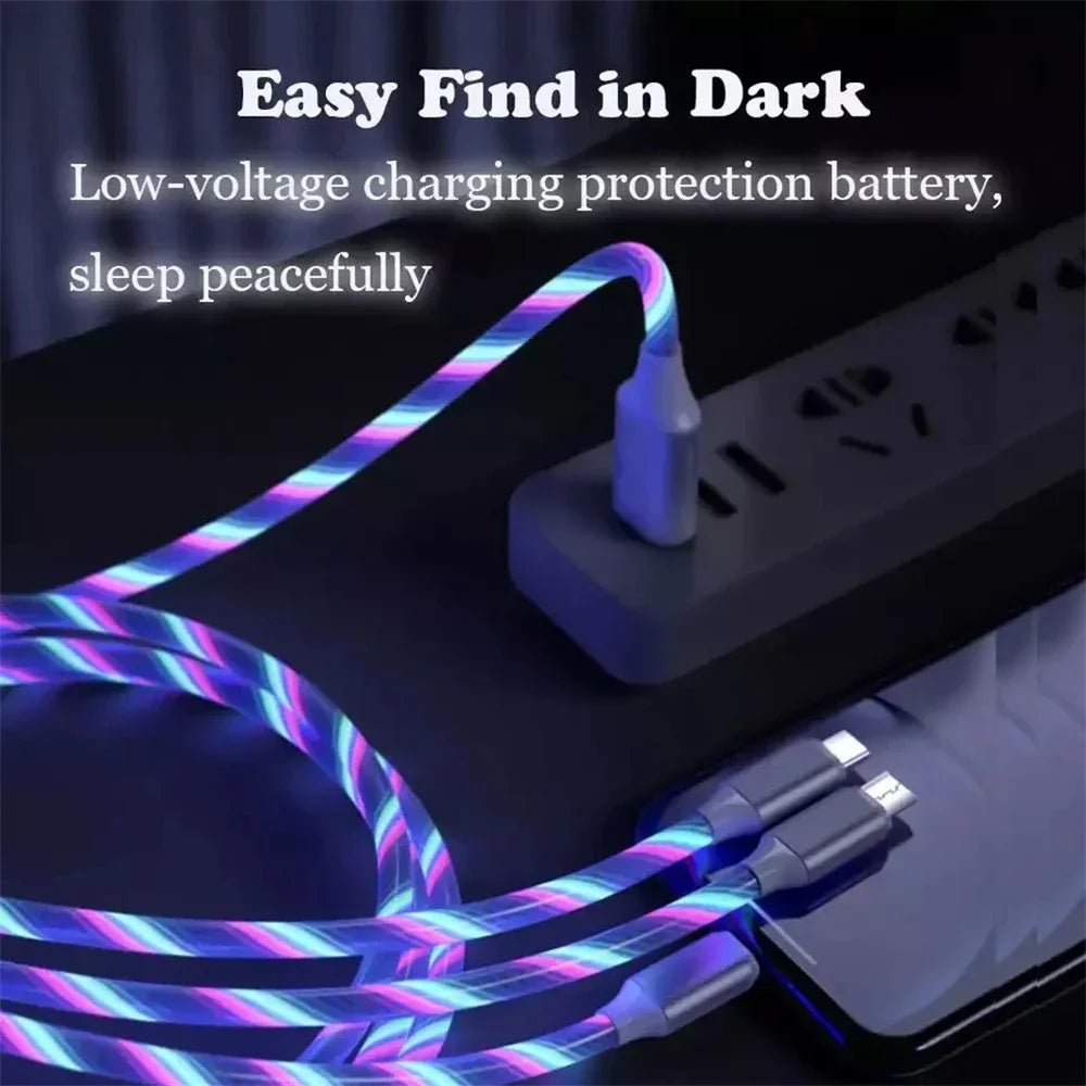 Glowing LED Light USB 3 IN 1 cable Phone Fast Charging Charger Luminous Type C Cable For Xiaomi iPhone Phone Accessories Pi-Mart