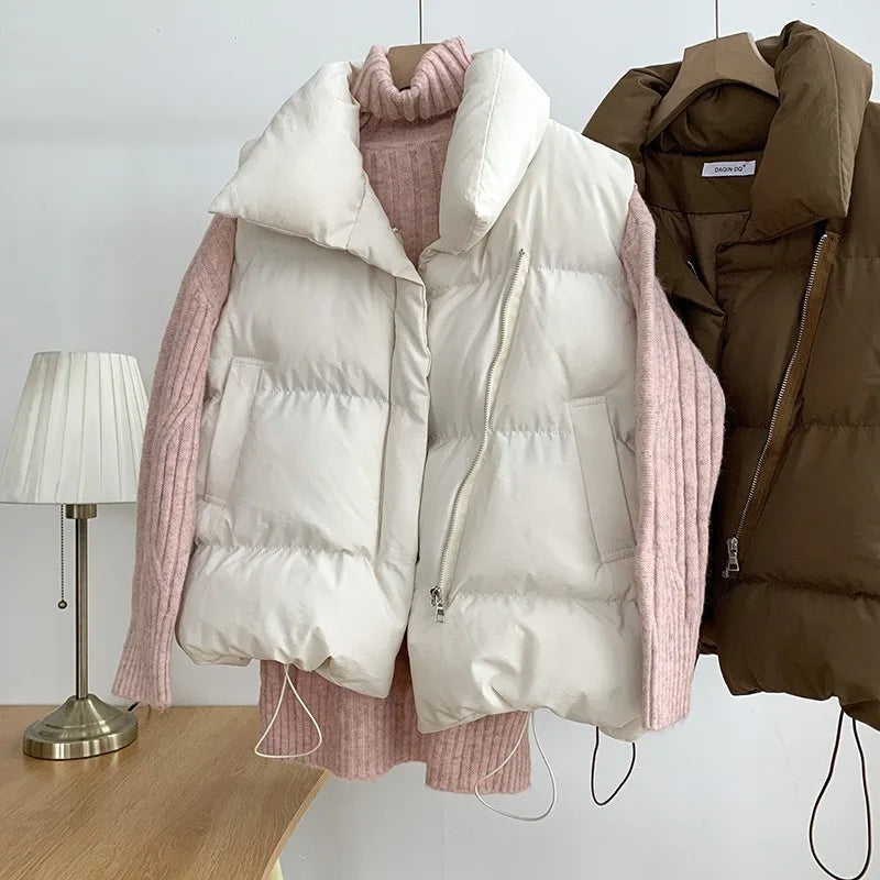 Women Fashion Autumn New 2024 Stand Collar Elegant Down Coats Warm Outerwear Casual Belt Sleeveless Winter Women Vests Jackets LadyShow.Store