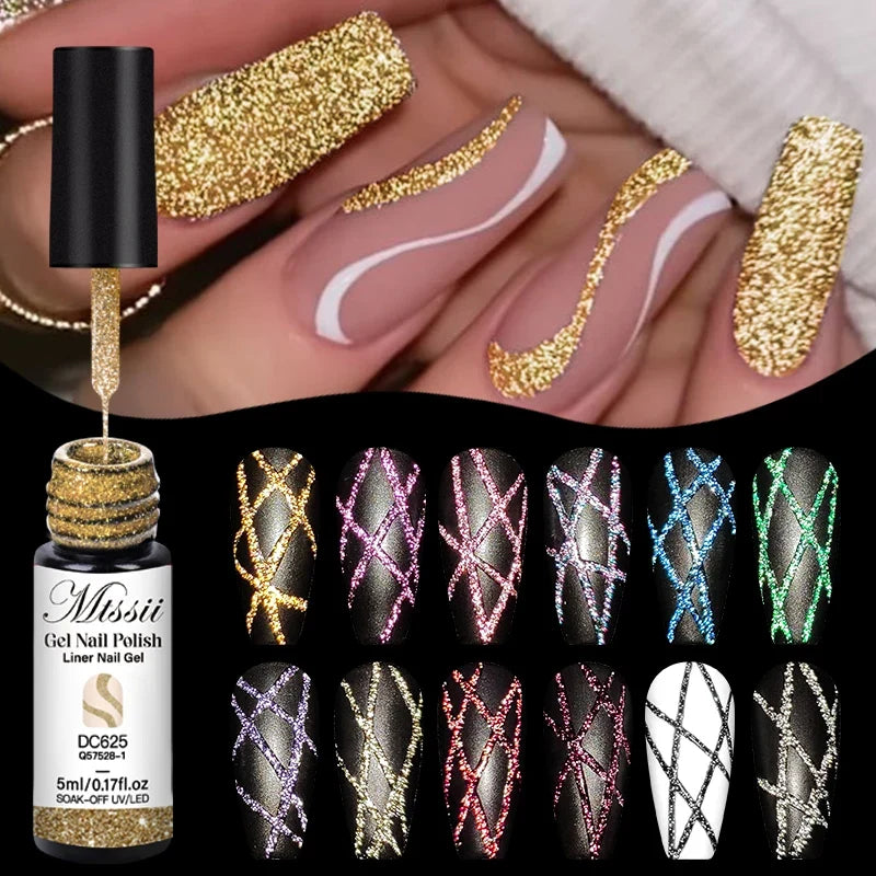 2/4/6pcs Reflective Glitter Liner Gel Nail Polish Set Pull Line Graffiti Painting Stripe DIY French Nails Design Painting Gel Tri Light Beauty