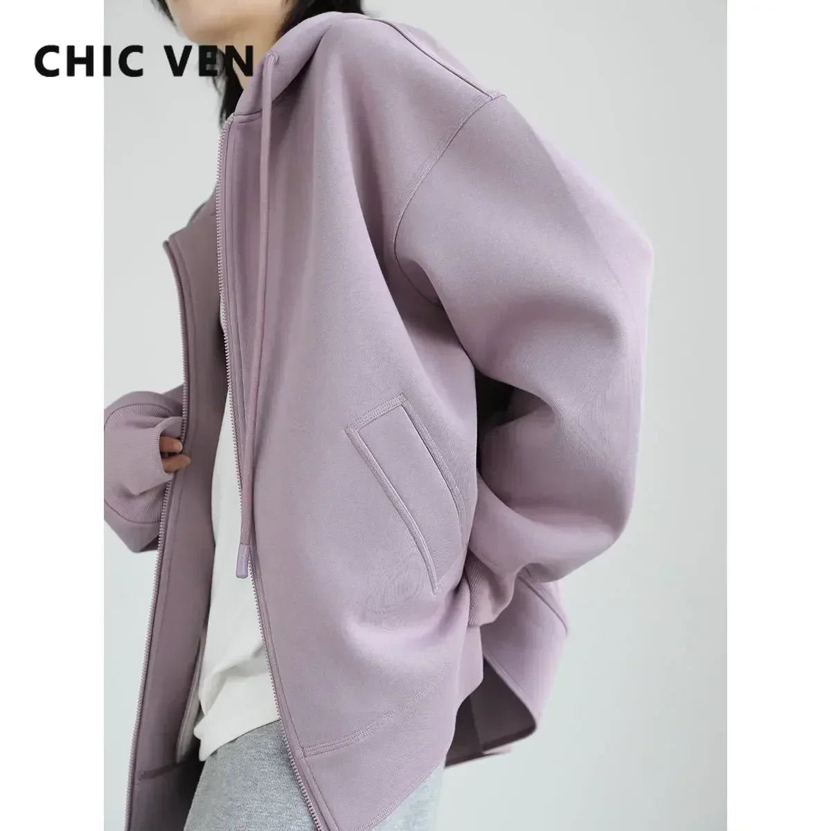 CHIC VEN Women Sweatshirts Hoodies Solid Loose Casual Hooded Female Tops Lady Coat Medium Length Overcoat Spring Autumn 2025 LadyShow.Store