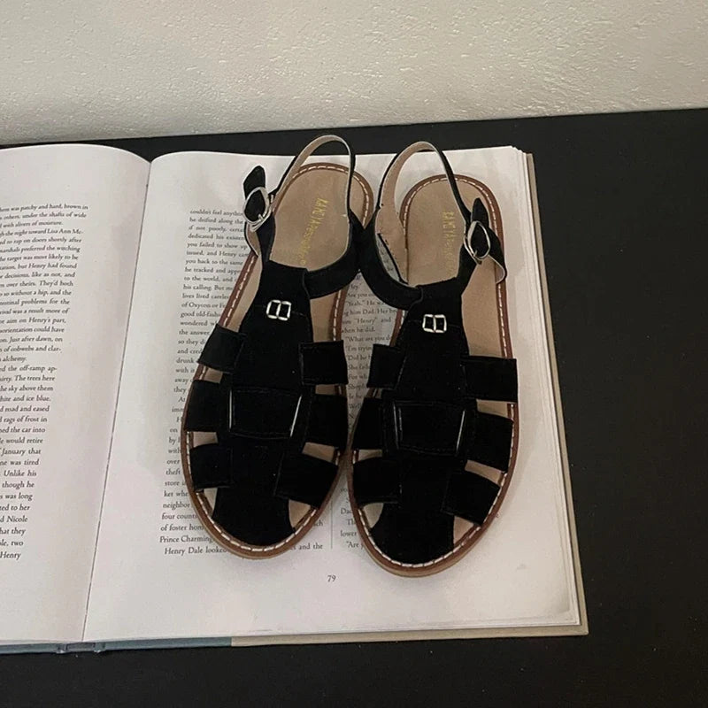DIMANYU Women's Roman Sandals 2026 Summer New Flat Retro Real Leather Ladies Sandals Hollowed Women's Cage Shoes LadyShow.Store