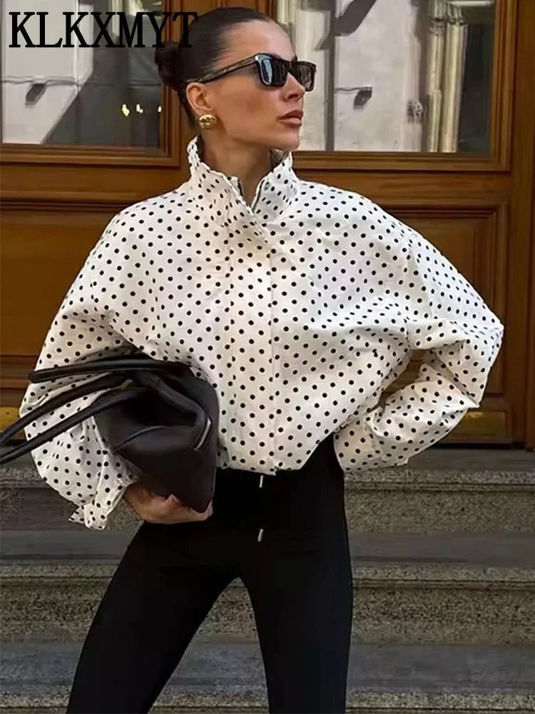 Polka Dot Print Short Coats Women's High Street Long Sleeve Jackets for Women 2026 Elegant Office Ladies Casual Outerwear LadyShow.Store