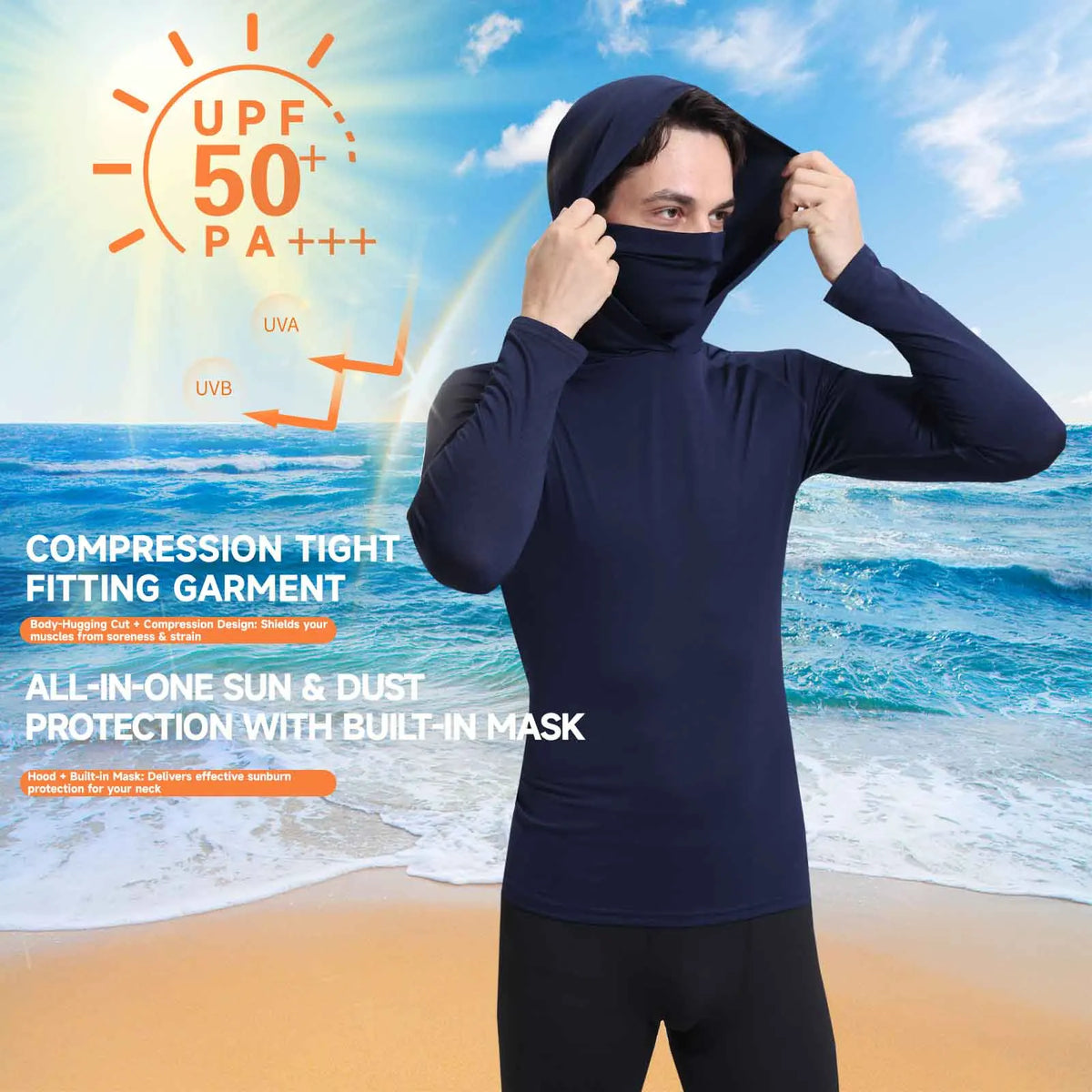 Men's Athletic Hoodie Long Sleeve Fishing Shirts, Upf 50+ Uv Sun Protection, Fitted High Stretch, Built-In Face Mask Pi-Mart