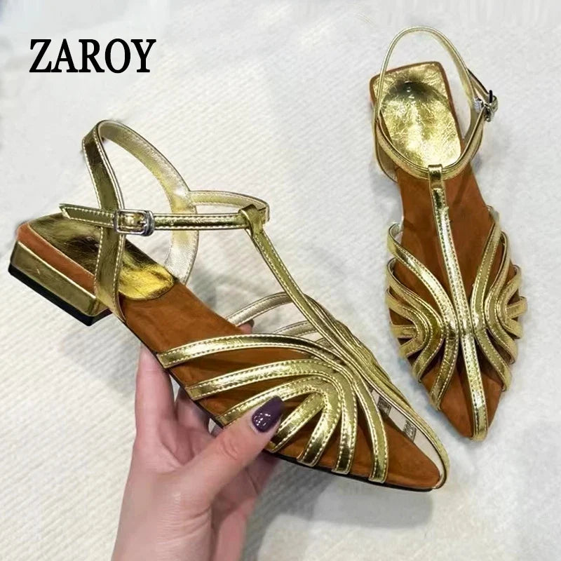 ZAROY Women Roman Sandals Summer Low Heel Ankle Strap Buckle Sandals Pointed Toe Hollowed Out T-strap Sandalias сандали LadyShow.Store