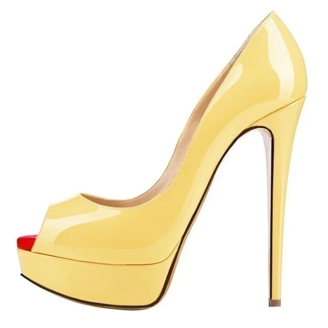 Women Pumps Sexy Platform Peep Toe 14cm Extremely Thin High Heels Stiletto Patent Leather Fashion Party Nighclub Wedding Shoes Pi-Mart