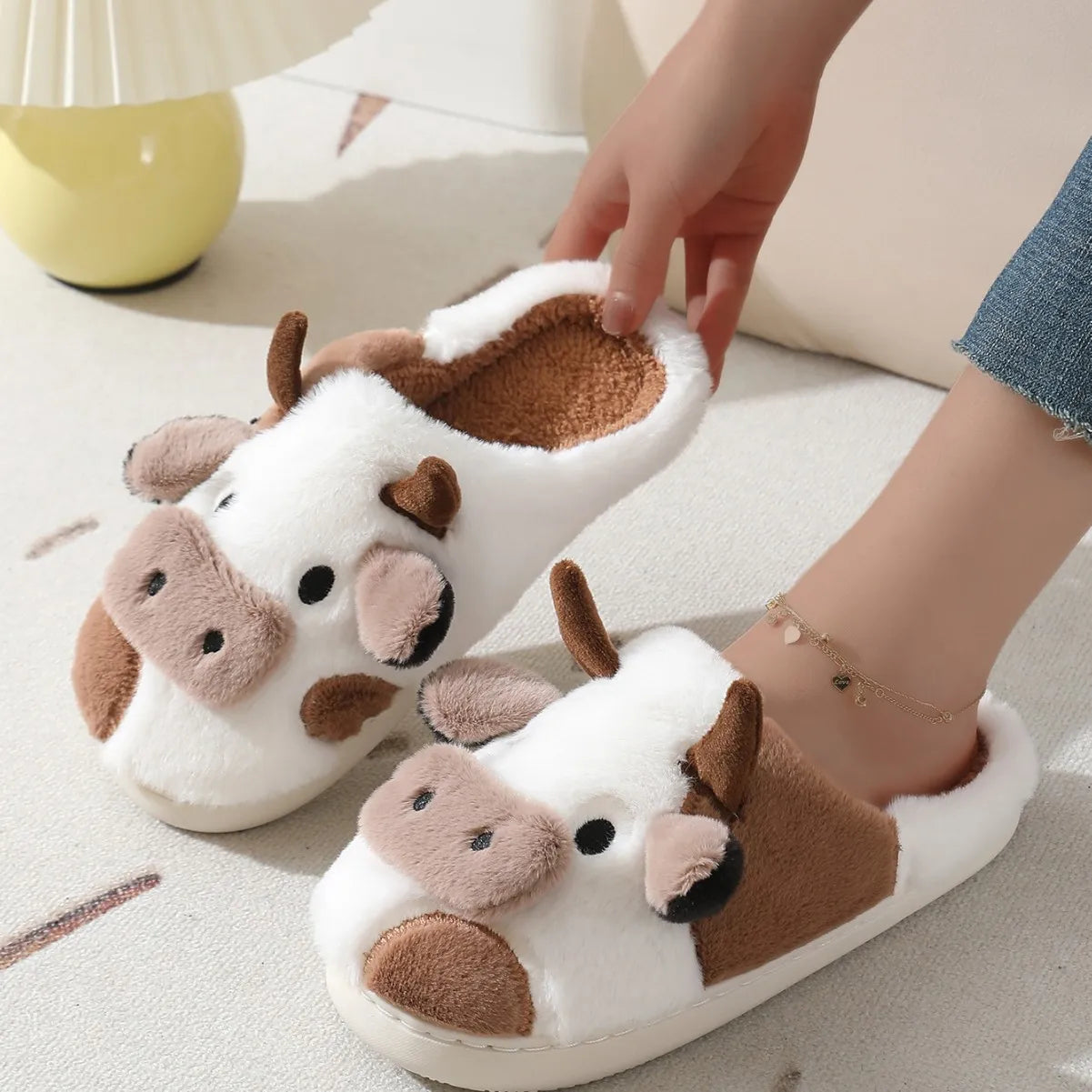Winter Home Slippers for Couples Warm Plush Neutral Cartoon Cow Indoor Anti Slip Comfortable Cotton Slippers for Men and Women LadyShow.Store