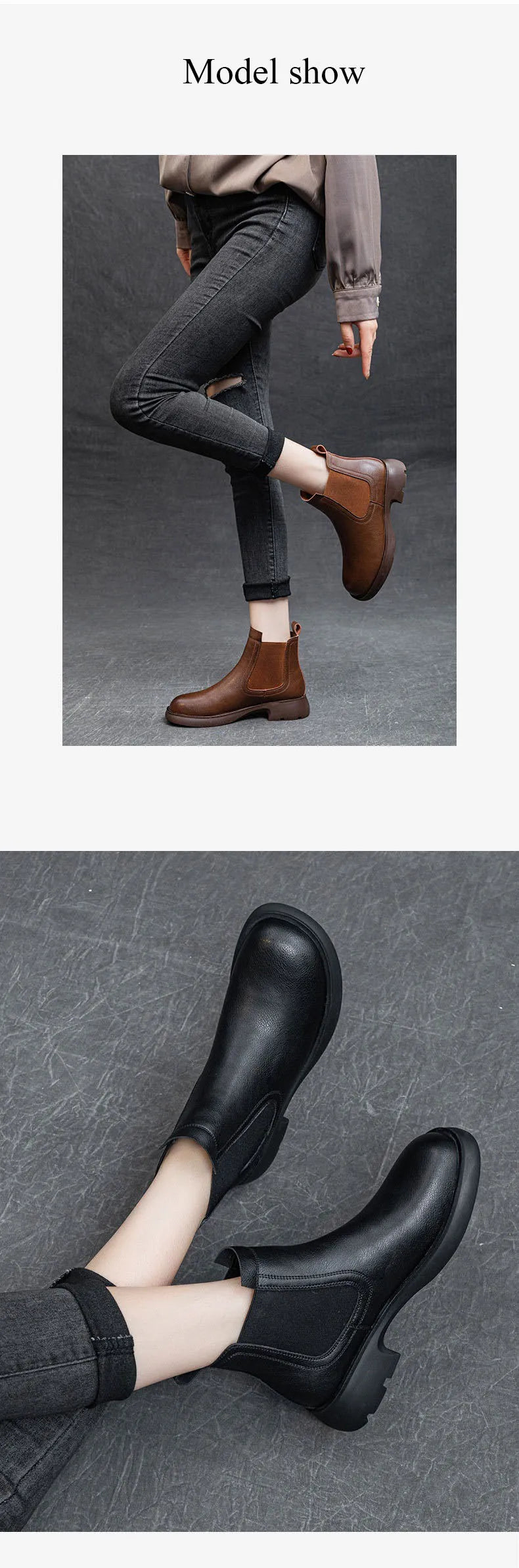 DRKANOL Fashion Women Thick Heel Ankle Boots Autumn Winter Warm Shoes Round Toe Real Cowhide British Style Slip On Chimney Boots Pi-Mart