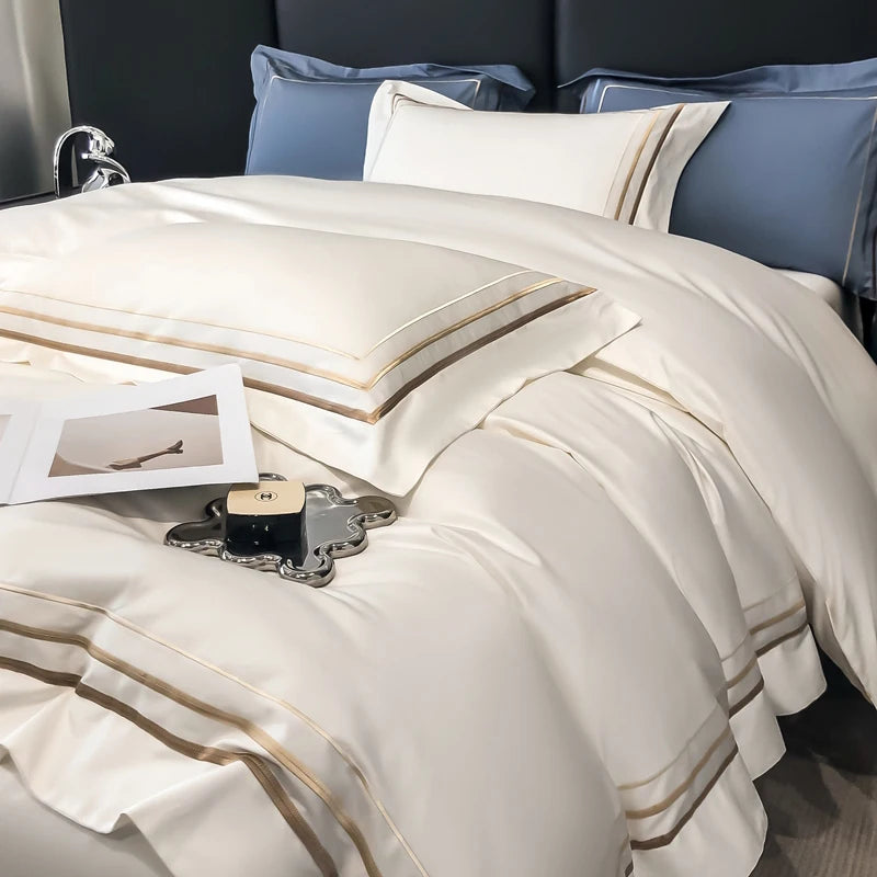 Hotel Style Bedding Set Luxury Golden Embroidery Duvet Cover Grey Egyptian Cotton Bed Sheets Pillowcases Solid Color Bedclothes Pi-Mart