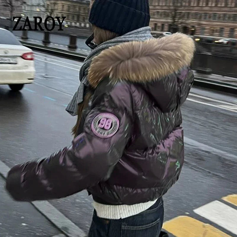 Russian Winter Warm Faux Fur Hooded Quilted Puffer Jacket Women Y2K Retro Padded Short Coat Casual Parka Glossy Outerwear куртка LadyShow.Store