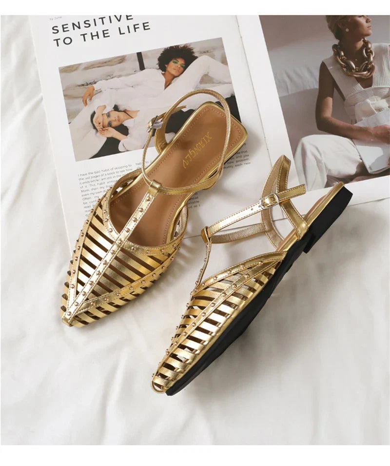 ZAROY Designer Narrow Band Flat Sandals Women Summer Point Toe Ankle Buckle Hollow Roman Sandal Plus Size Casual Beach Sandalias LadyShow.Store