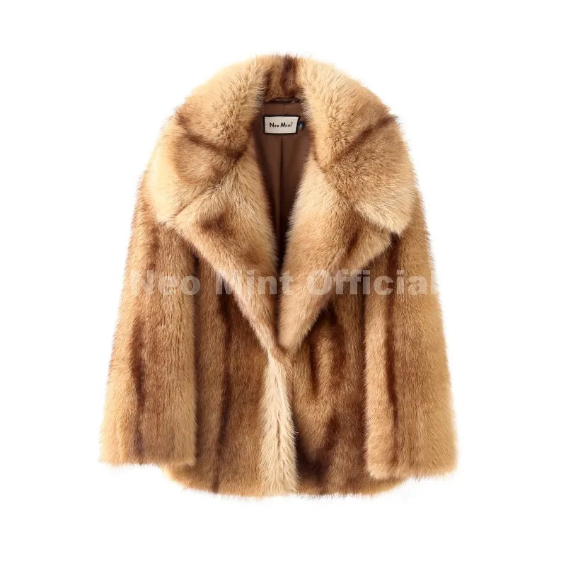 Neo Mint Luxury Brand Fashion Women Yellow Striped Faux Fur Jacket Coat Chic Girls 2025 Winter Oversized Warm Outerwear Overcoat LadyShow.Store