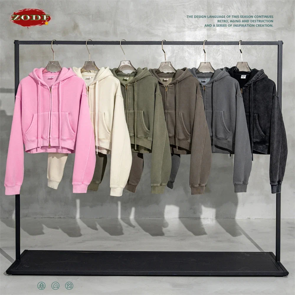 ZODF Retro 2025 Winter Women Short Zipper Hoodies Female Girls Loose 355gsm Thick Fleece Hooded Zip-up Coat Streetwears HY0448 LadyShow.Store
