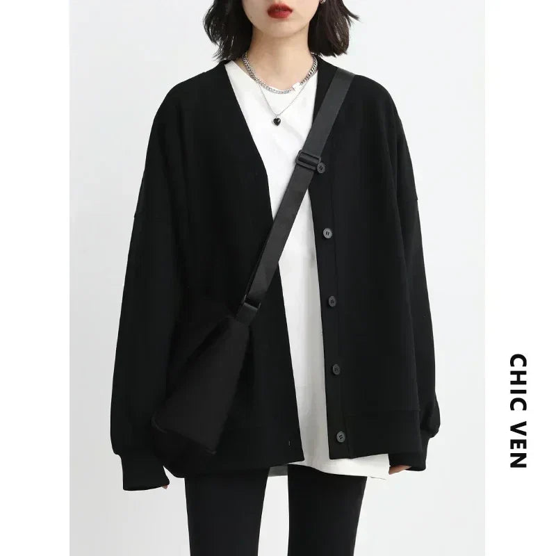 CHIC VEN Korean Autumn Winter Women's Sports Coat Casual Loose V-neck Sweatshirt for Women Thick Warm Tops Office Lady Female LadyShow.Store