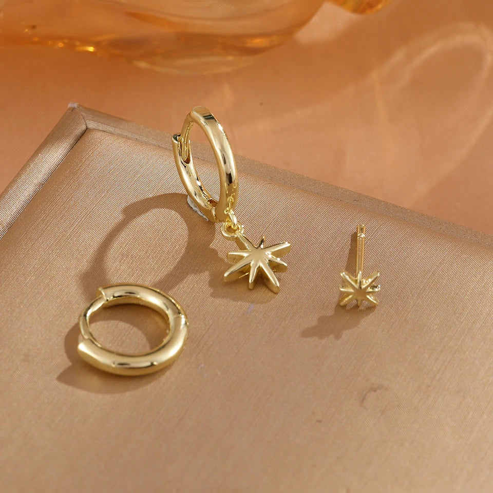 ZAKOL 3 Piece Fashion Round Star Drop Earrings Set for Women Gold Color Dangle Earring Punk Unisex Rock Jewelry Pi-Mart