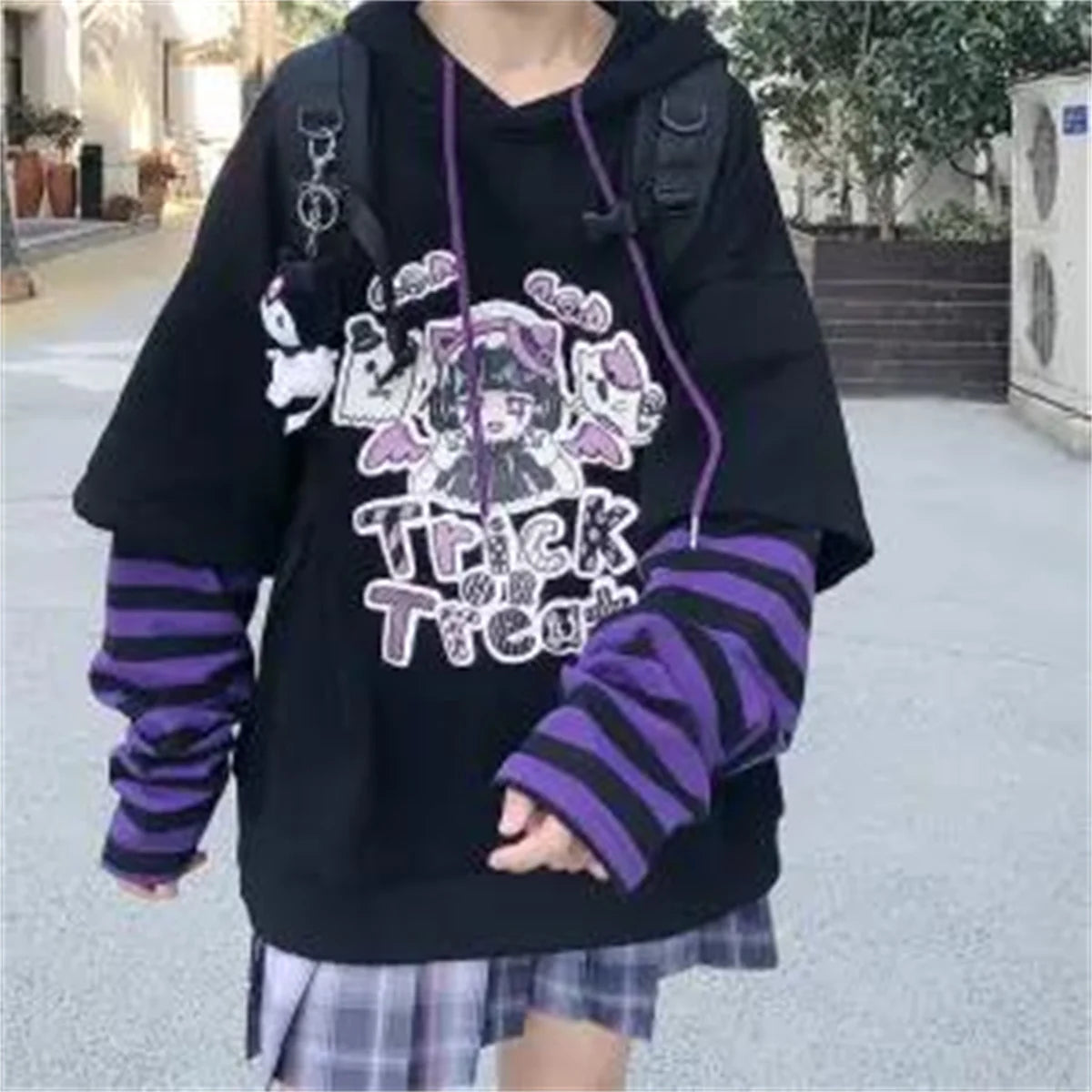 Cute Harajuku Patchwork Hoodie Streetwear Hip Hop Women Sweatshirts Casual Autumn High Street Tops Funny Harajuku Striped Hoodie LadyShow.Store