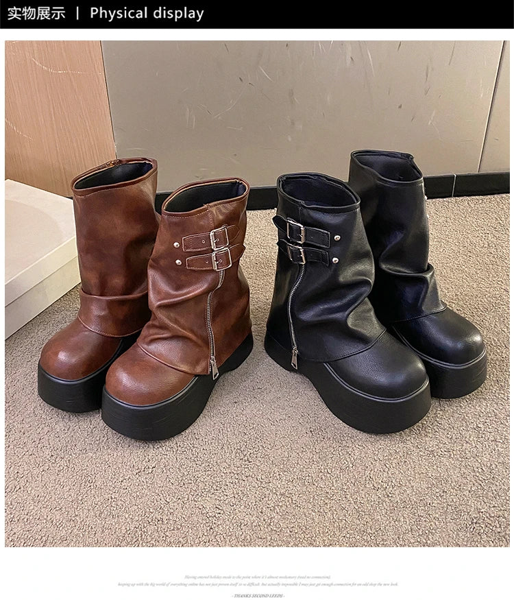 Soft Leather Ankle Mid Calf Boots Winter Autumn High Platform Wedge British Booties Woman New Ladies Chunky Motorcycle Boots 9CM Pi-Mart