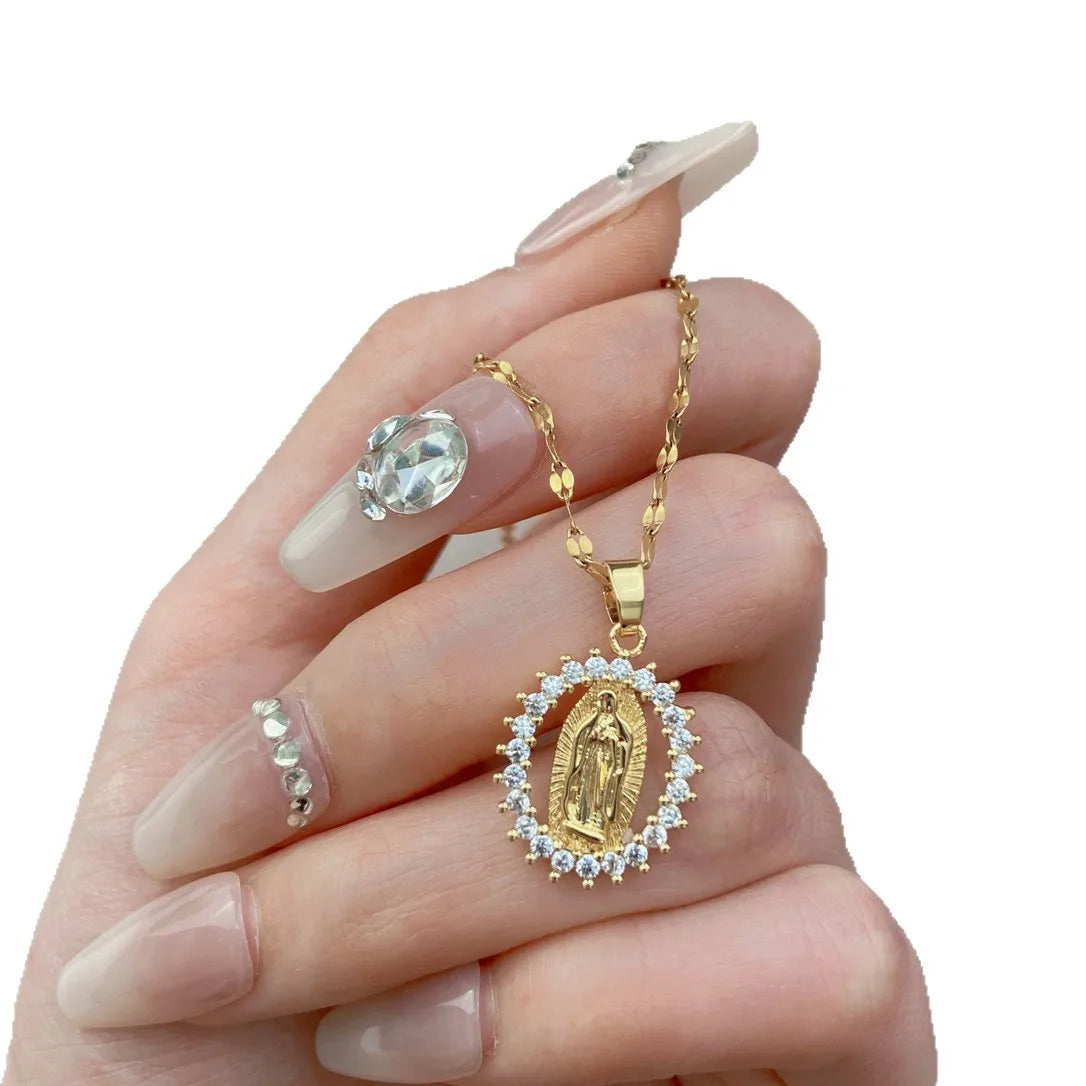 Oval round plaque inlaid with zircon religious pendant for women's party stainless steel Virgin Mary jewelry gift necklace Pi-Mart