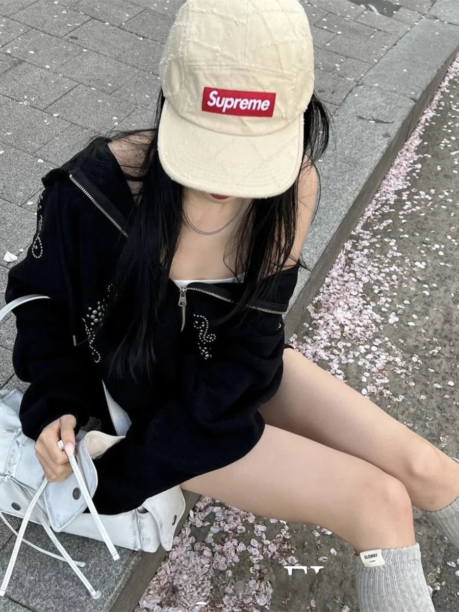 Street Sle Korean Version Simple Personali Rivet Zipper Casual Loose Matching Hoodie Jaet Unique SEI Women's Sweatirt LadyShow.Store