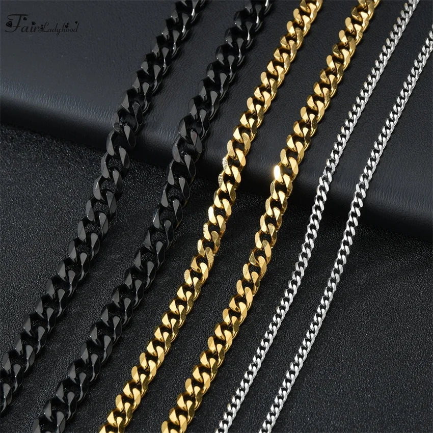 1 piece Size 3.6mm-9mm Men's Necklace Stainless Steel Cuban Link Chain Bracelet Necklace Steel Color Male Jewelry Pi-Mart