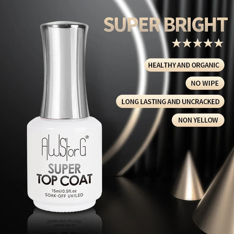 AWStorG 15ML Super Top Coat Nail Art Gel Varnish Semi Permanent Soak Off No Wipe UV Gel Varnish Shining Clear Top Coat Tri Light Beauty