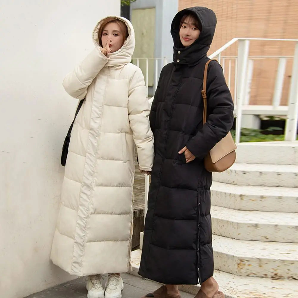 2024 Oversized Coat Hooded Long Sleeve Pockets Side Slit Hem Down Jacket Pockets Thickened Long Warm Down Cotton Outwear LadyShow.Store