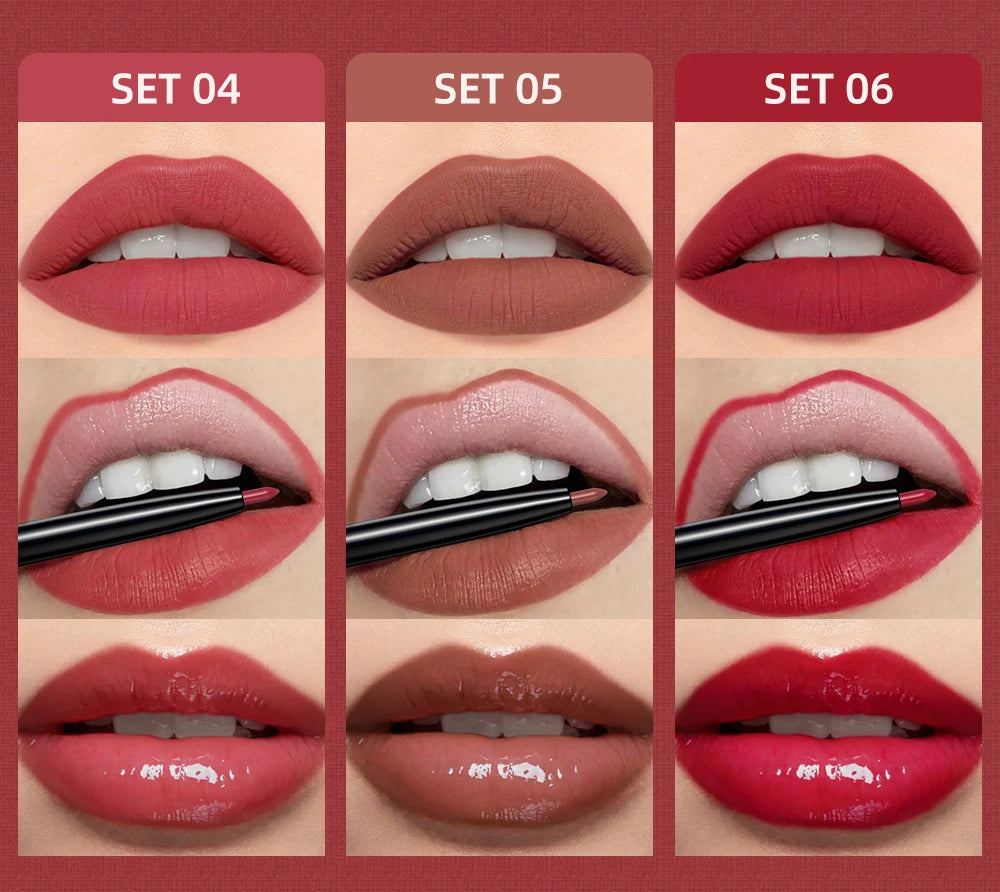 3pcs Matte Liquid Lipstick+Lip Liner Set Lip Glaze Makeup Nude Black Red Velvet Lip Gloss Long Lasting Lip Tint Cosmetics Kits Pi-Mart