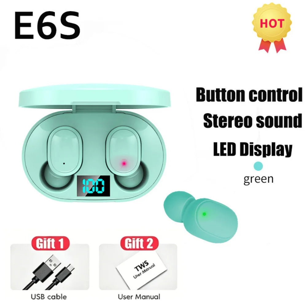 Digital Display Bluetooth Earphones with Mic TWS E6S Wireless Bluetooth Headset Noise Cancelling Headset for Xiaomi Huawei Oppo Pi-Mart