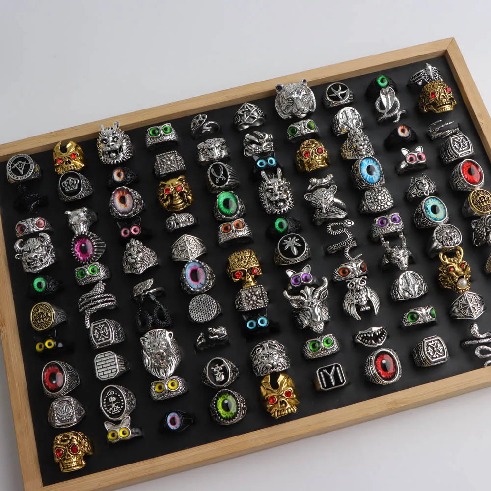 10/20/30/50Pcs/Lot Fashion Retro Punk Classic Skull Owl Rings for Men Women Hip Hop Jewelry Accessories Party Gifts Mix Style Pi-Mart