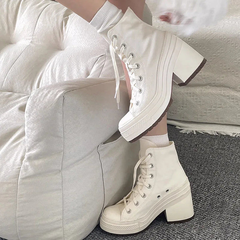 Women Platform Sneakers Canvas Shoes Personalized Luxry Heels Skateboard Lace Up Casual Fashion Outdoor Sneakers Pi-Mart