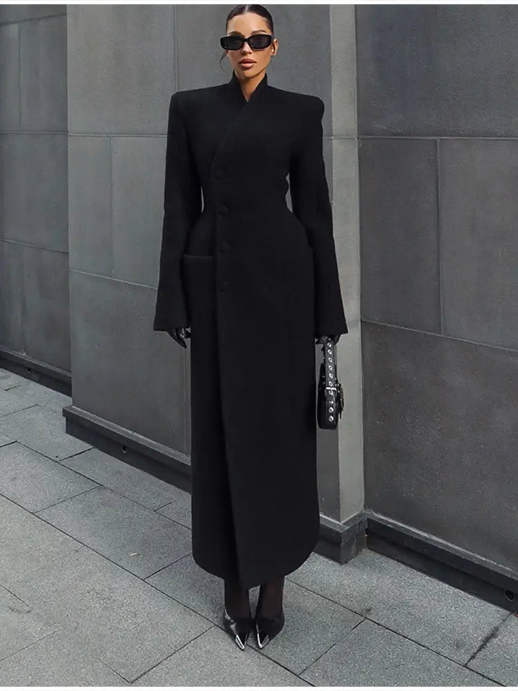 Women's Long Coat Slim V Neck Single Breasted Overcoats Shoulder Pad Maxi Jackets with Belt 2025 New Winter Lady Commute Outwear LadyShow.Store