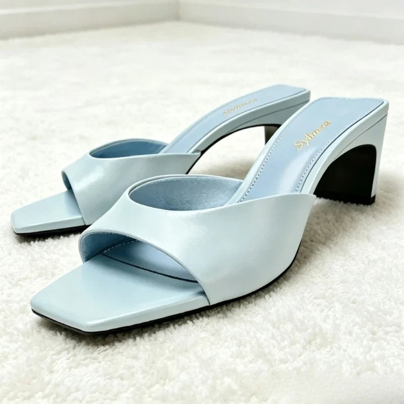 Soft Leather PU Mule Sandals Women Fashion Square Toe Design Slingback Heels for Ladies Elegant Commuting Office Slide Sandals LadyShow.Store