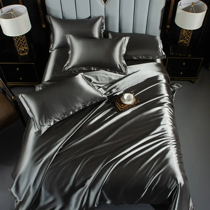 A/B Double-Sided Color Bedding Set Silky Satin Duvet Cover Bed Sheet Pillowcase Luxury Bedsheet King Queen Double Twin Size LadyShow.Store