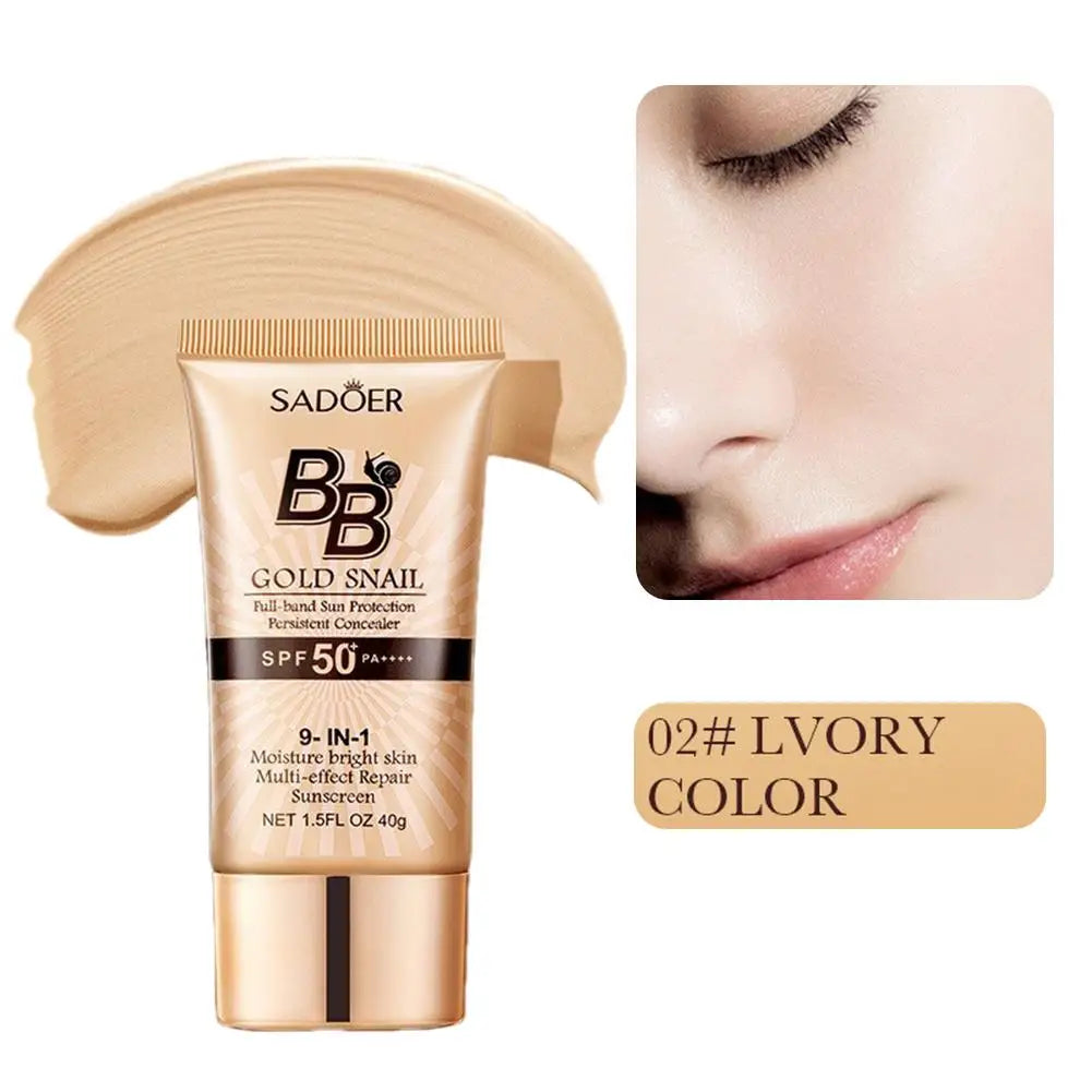 SADOER Gold Snail Sunscreen BB Cream Foundation Concealer Moisturizing Isolation Cream SPF50+PA+++ 40g Facial Moisturizer Tri Light Beauty