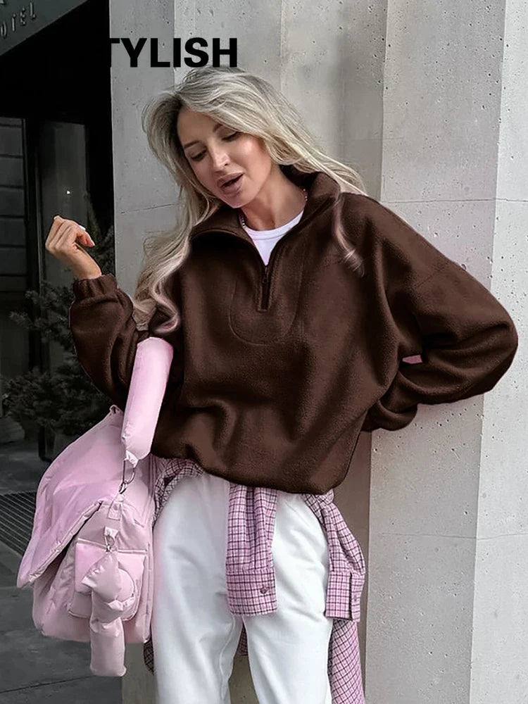 Women Autumn Winter Fleece Hoodies Elegant Stand Collar Zipper Loose Sweatshirt Elegant Solid Pullover Casual Top Streetwear LadyShow.Store