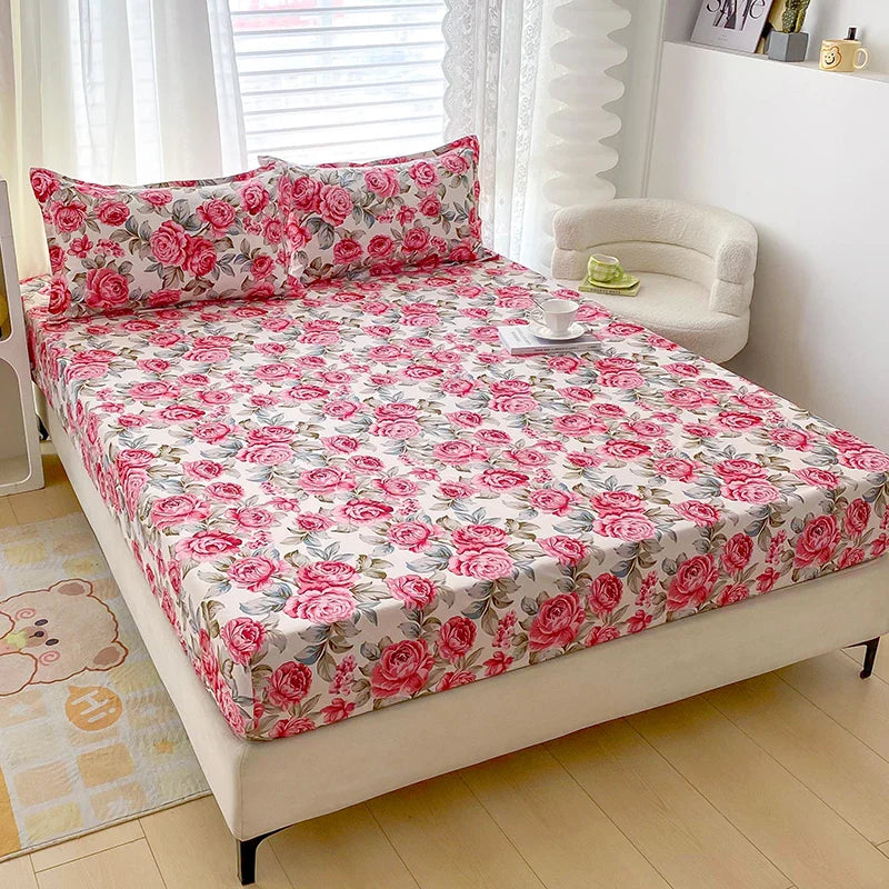 Red Flower Printed Bed Sheet Sets Queen/King Size sabanas cama matrimonial Reactive Printed Fitted Bedsheets for Double Bed LadyShow.Store