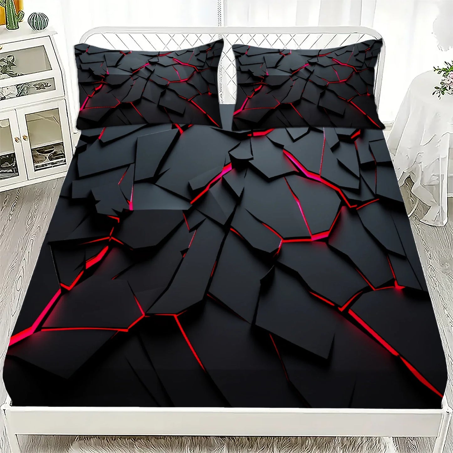 3Pcs Lightning Glow Fitted Sheet Set 3D Printed Soft Red Black Bedspread Single Twin Queen King Size Bed Sheet Set Home Decor LadyShow.Store