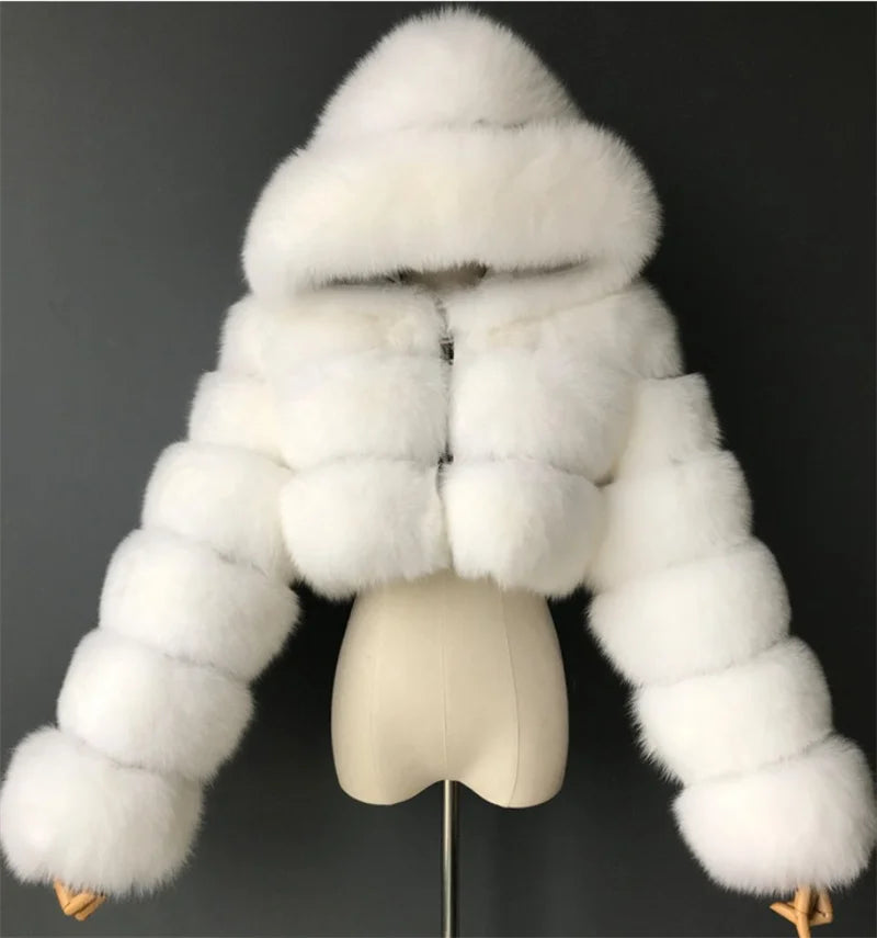 High Quality Furry Cropped Faux Fur Coats Jackets Women Fluffy Top With Hooded Winter Fur Jackets Fourrure Manteau Femme JH137 Pi-Mart