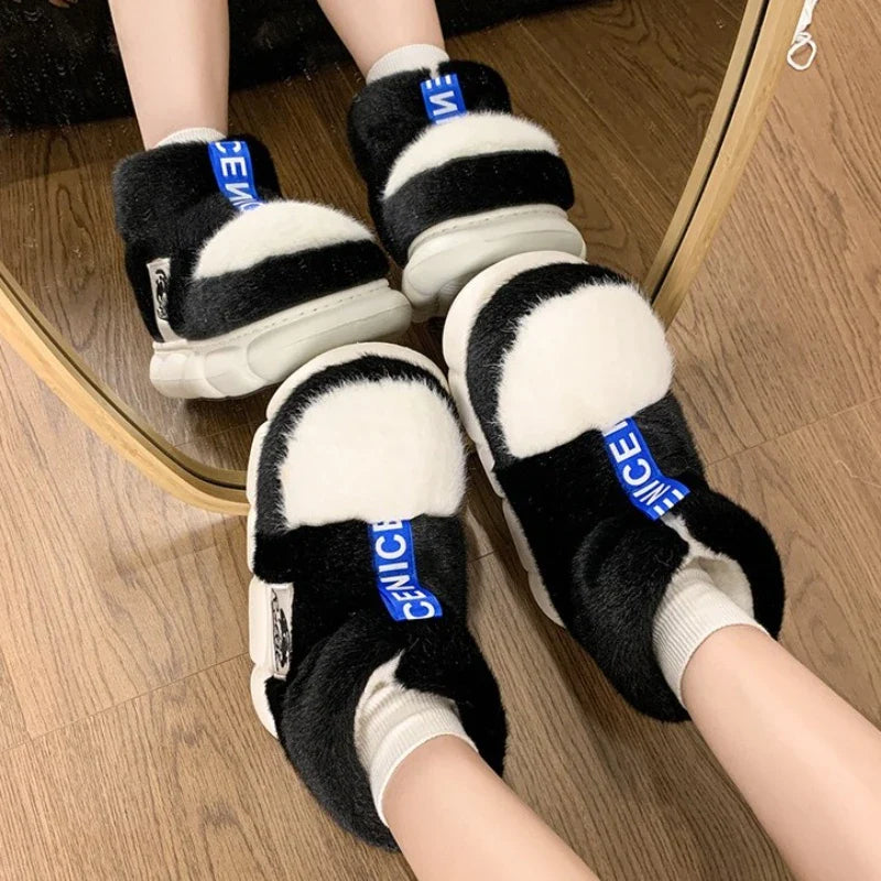 2025 Women's Winter Warm Shoes Plush Lining Indoor Slippers Couples Platform Heel High Top Snow Boots Female Male Home Slipper LadyShow.Store