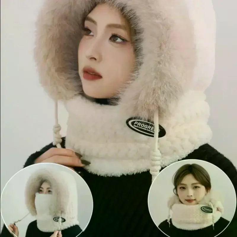 Simple Solid Color Cycling Windproof Cap Thickened Neck Warmer Ear Protection Hat Keep Warm Windproof Winter Hat Scarf Set Pi-Mart