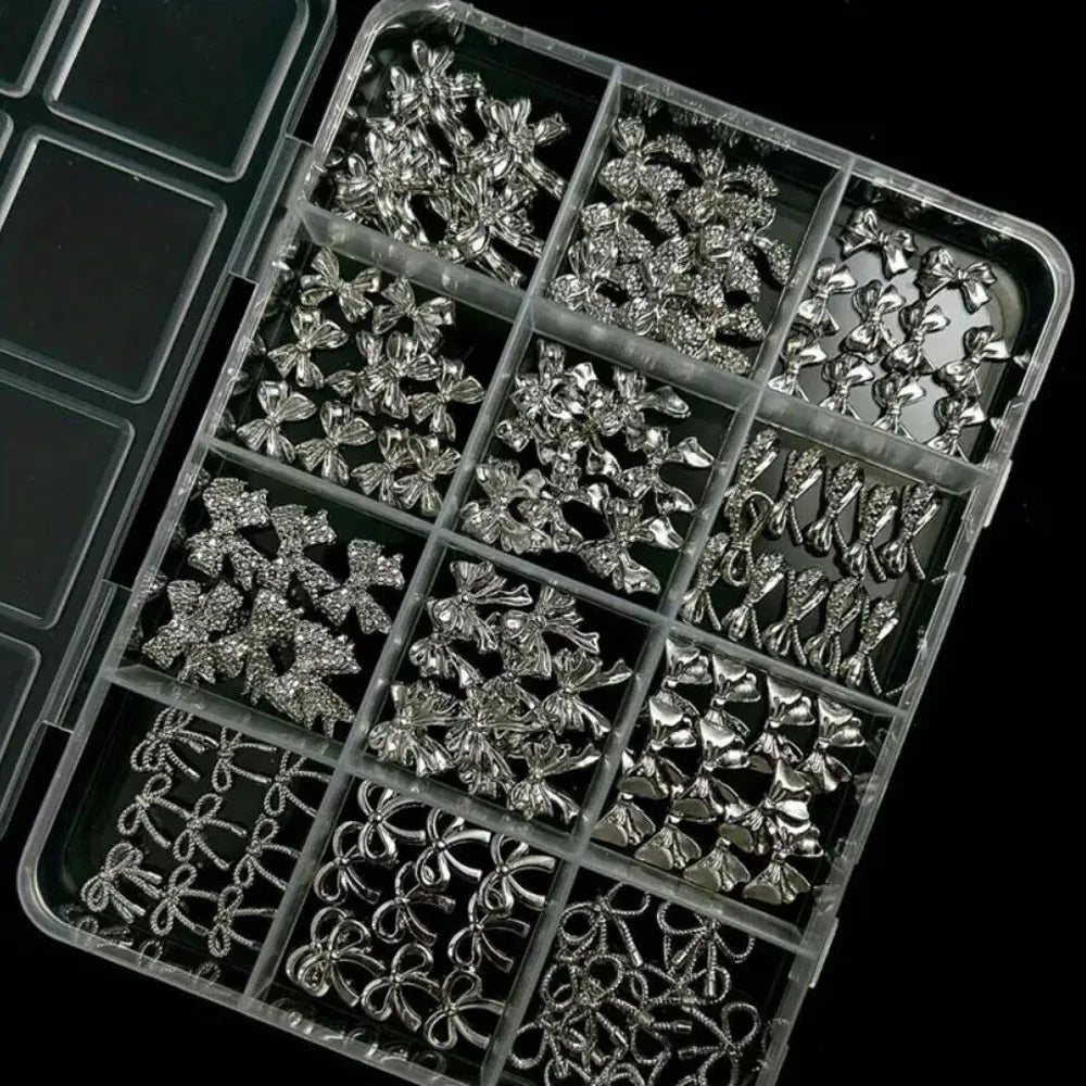 120Pcs/Box 3D Silver Exquisite Bowknot Nail Charms Simple Alloy Ribbon Bowtie Nail Art Decorations DIY Luxury Manicure Accessory Pi-Mart
