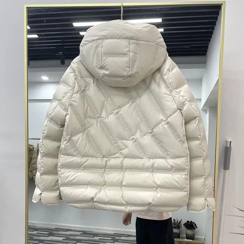 90% White Duck Down Women Down Jackets 2023 New Female Stand Collar Single-Breasted Puffer Jacket Casual Loose Hooded Parkas LadyShow.Store