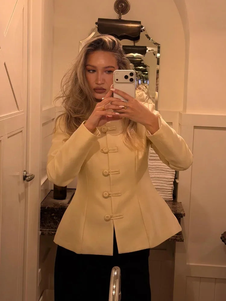Elegant White Chinese Buttoned Jacket Women Full Sleeve Waist Cinching Single Breasted Short Coats 2026 Lady Daily Outwear LadyShow.Store