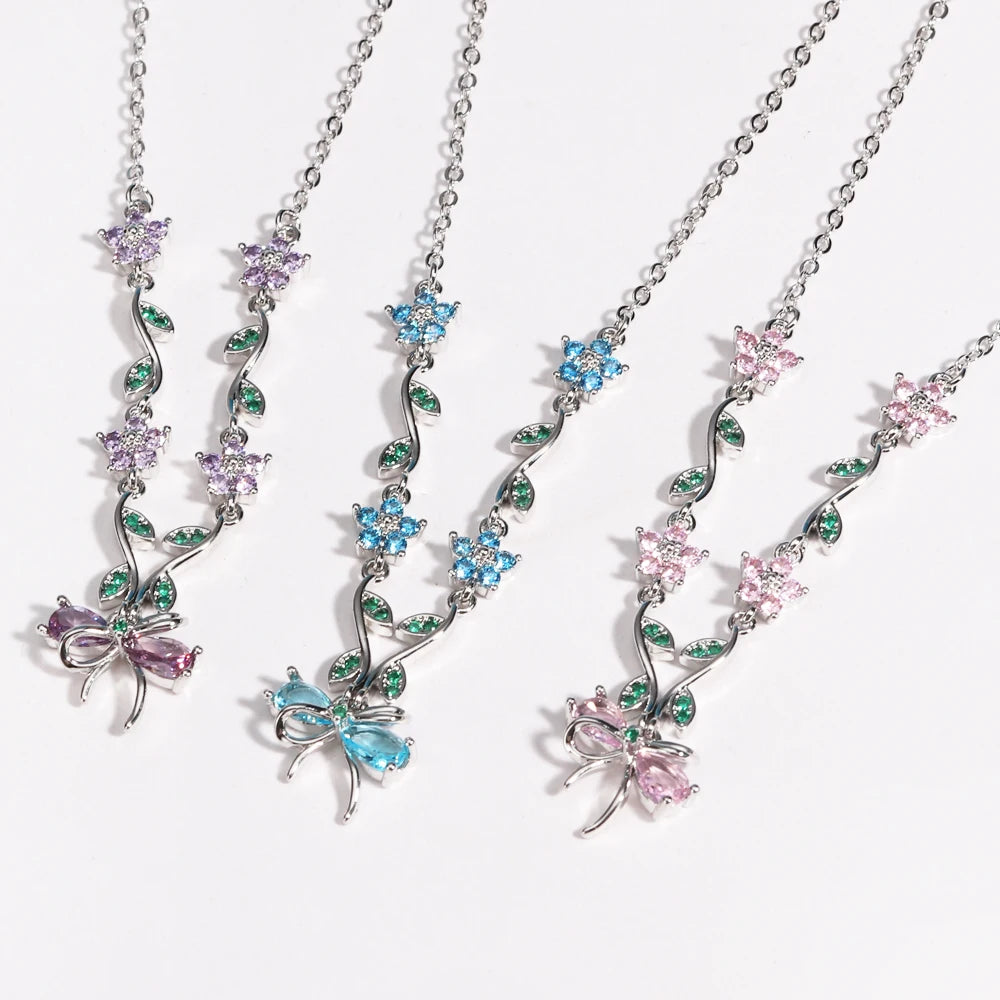 Summer New Fashion Exquisite Bow Leaf Flower Necklace For Women's Elegant Pink Zircon Chain Pendant Jewelry Gifts Pi-Mart