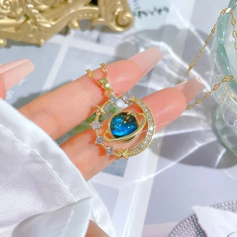 Stainless Steel Clavicle Chain Exquisite Starry Sky Planet Light Luxurious Temperament Gorgeous Necklace Star and Moon Versatile Pi-Mart