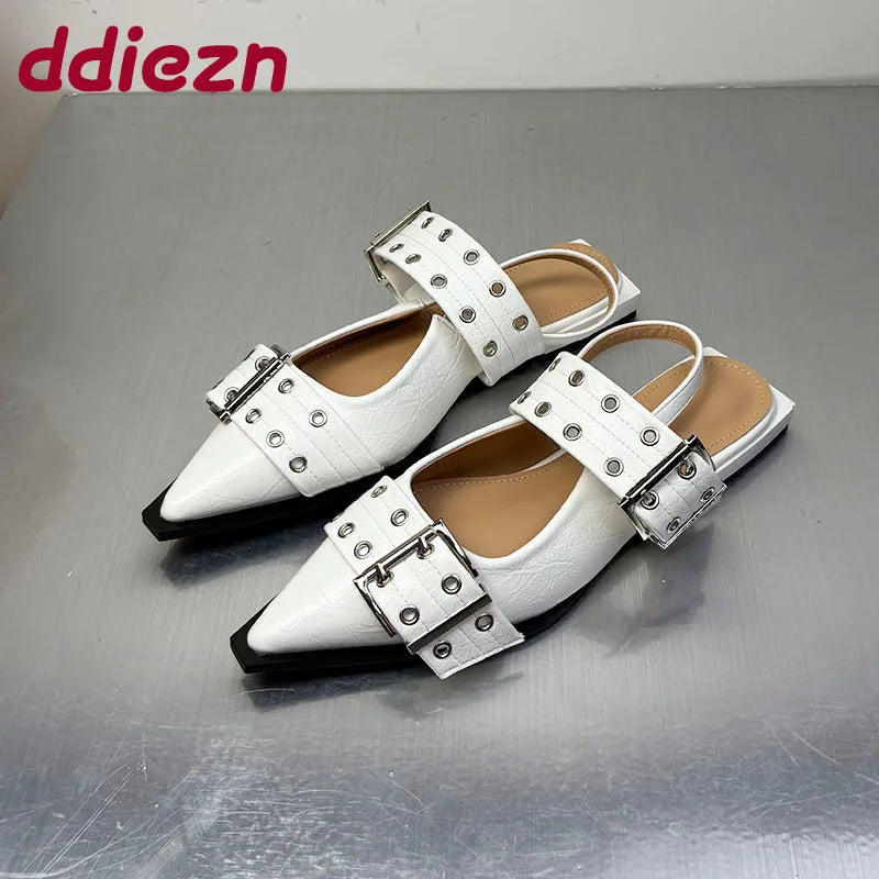 Women Flat With Shoes 2026 Designer Luxury Buckle Fashion Ladies Flats Shoes Slingback Pointed Toe Casual Female Sandals Mules Pi-Mart