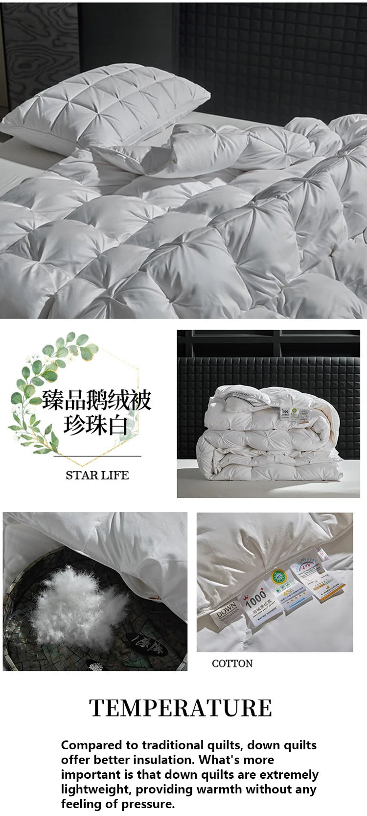 Luxury 100% White Goose down Comforter Winter Warm Duvet Extra Large Double Single Lightweight 3D Bread Design Pleated Edge Pi-Mart