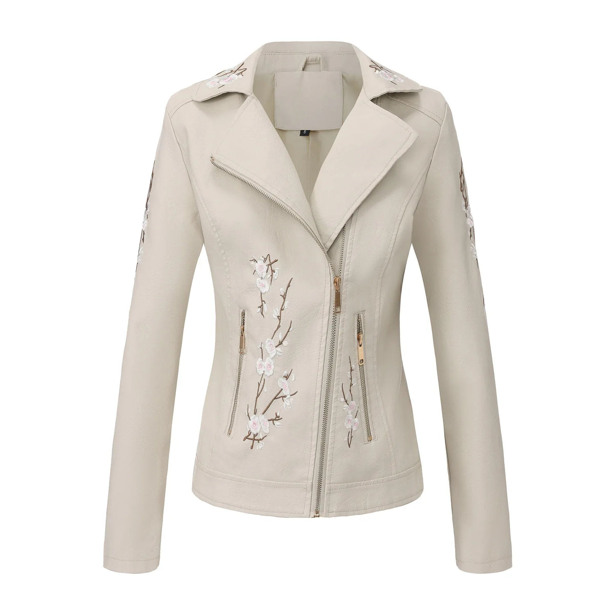 New Fall Women's Black Faux Leather Jacket; White Floral Embroidered PU Coat; Dark Brown Motorcycle-style Top. Pi-Mart