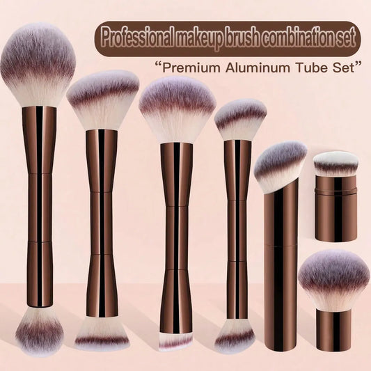 7pcs Professional Makeup Brush Set, Includes: 4pcs Dual-Ended Face Brushes, 1pc Angled Brush, 1pc Short Handle Foundation Brush, Tri Light Beauty