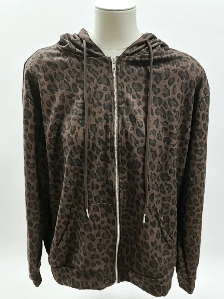 Y2K Leopard Print Hooded Jacket Women Full Zip Drawstring Hood Long Sleeve Loose Fit Streetwear Street Club Ladies Outerwear Pi-Mart