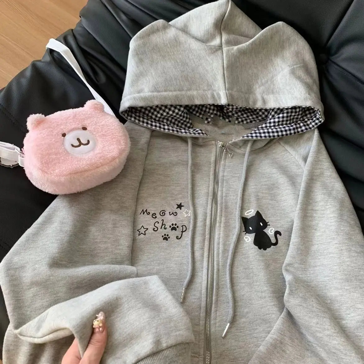 Zipper Hoodie Gothic Cartoon Kawaii Cat Ear Y2k Jacket Zip Up Thin Coat Spring Autumn Cute Core 2000s Clothes Fall Sweatshirts LadyShow.Store